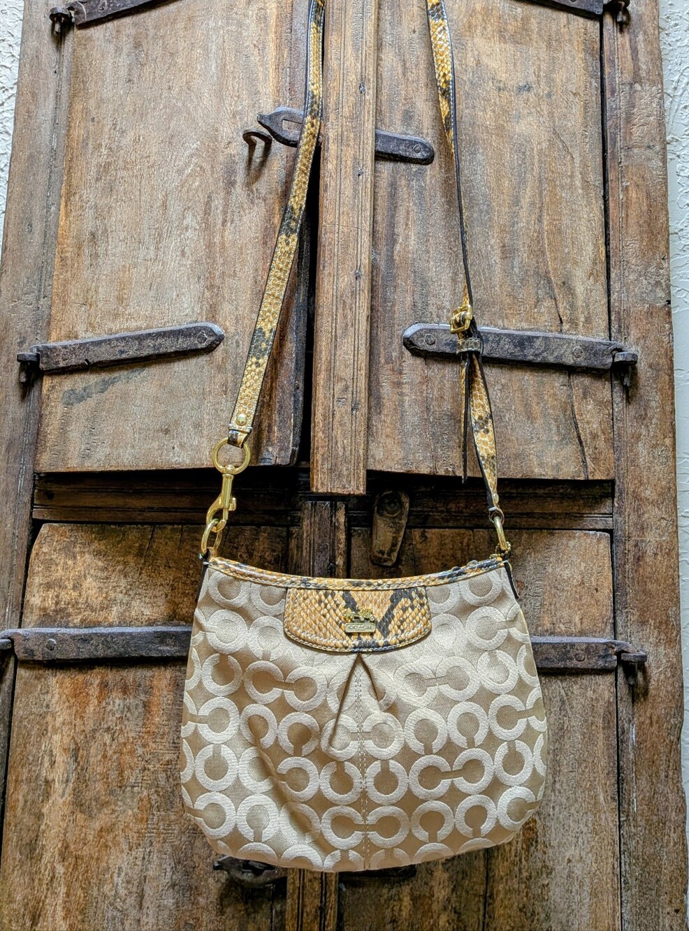 Coach Beige And Tan Madison Op Art Swing Pack Crossbody Bag